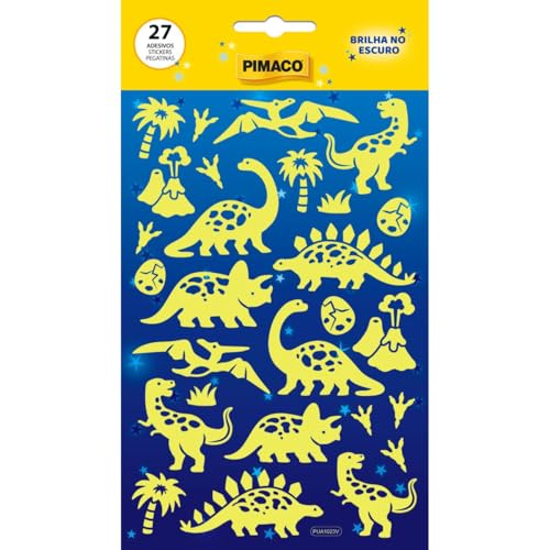 Adesivo Dino, Brilha no Escuro, 1 folha com 27 etiquetas, Pimaco