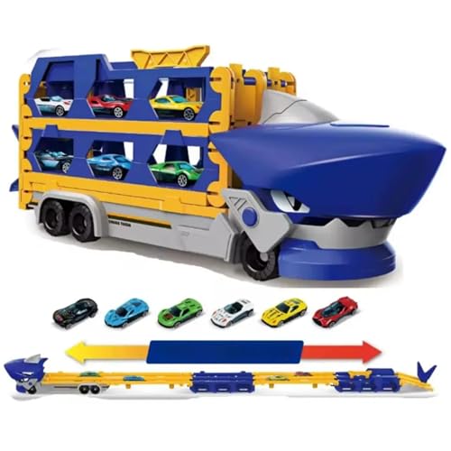 BE PLACE KIDS Caminhão Tubarão Cegonha, Pista de 1,65m com 6 Carrinhos de Metal